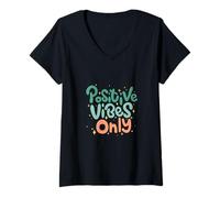 Womens Positive Vibes Only Retro Typography Motivational Quote V-Neck T-Shirt