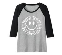 Womens Positivity is My Superpower Retro Happy Face Smile Flower Raglan Baseball Tee