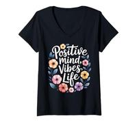 Women's Positivity Positive Mind Vibes Life Happy Thoughts Flower V-Neck T-Shirt