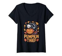 Womens Possum Cottagecore Pumpkin Thief Halloween Artwork V-Neck T-Shirt