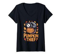 Womens Possum Cottagecore Pumpkin Thief Halloween Artwork V-Neck T-Shirt