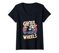 Womens Possum Skateboard: Ghoul ON Wheels Retro V-Neck T-Shirt
