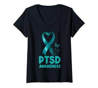 Women's Post-Traumatic Stress Disorder PTSD Awareness Teal Ribbon V-Neck T-Shirt
