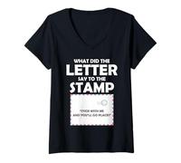 Women's Postal Worker Letter Stamp Joke Mail Pun Humor Design V-Neck T-Shirt