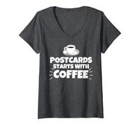 Women's Postcards Starts with Coffee Funny V-Neck T-Shirt, Dark Heather Grey, Medium