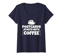 Women's Postcards Starts with Coffee Funny V-Neck T-Shirt, Navy Blue, Medium