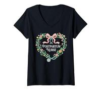 Women's Postpartum Nurse Floral Stethoscope Heart Coquette Bow V-Neck T-Shirt