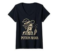 Womens Potion Mama Funny Skeleton Witch Mom with Magic Wand V-Neck T-Shirt
