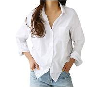 Women's Pots Long Sleeve Solid Button Down Casual Fashion Reversible Collar Women's Blouse for Women Bridesmaid Dresses Wrap Dress, White, L