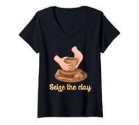 Women's Pottery Pun Seize The Clay Ceramic Artist Wheel Throwing V-Neck T-Shirt