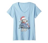 Womens Pound Puppies Christmas Happy Holidays Distressed Style Art V-Neck T-Shirt