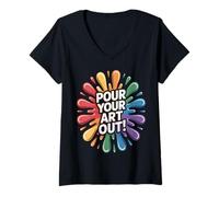 Womens Pour Your Art Out Colorful Paint Splash V-Neck T-Shirt