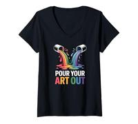 Women's Pour Your Art Out Rainbow Drawing Color Splash V-Neck T-Shirt