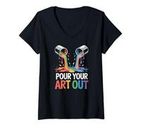 Women's Pour Your Art Out Rainbow Drawing Color Splash V-Neck T-Shirt
