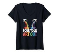 Women's Pour Your Art Out Rainbow Drawing Color Splash V-Neck T-Shirt