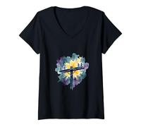Women's Power Lineman Lights Back Watercolor Storm Art V-Neck T-Shirt