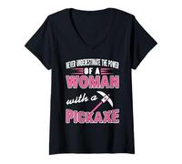 Womens Power of Woman with Pickaxe Strong Quote Feminist Humor V-Neck T-Shirt