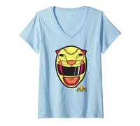 Womens Power Rangers Yellow Ranger Sabertooth Tiger Big Face V-Neck T-Shirt