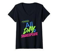 Womens Powered All Day By Shakespeare Humorous Slogan V-Neck T-Shirt