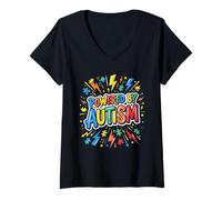 Women's Powered By Autism Neurodiversity Awareness Puzzle Piece Des V-Neck T-Shirt