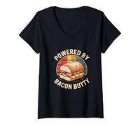 Womens Powered by Bacon Butty Funny Bacon British Food Lover V-Neck T-Shirt