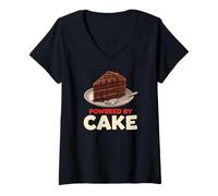 Women's Powered by Cake Lover Funny Dessert Fudge V-Neck T-Shirt