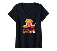 Women's Powered by Chicken Funny Fried Chicken Lover Foodie V-Neck T-Shirt