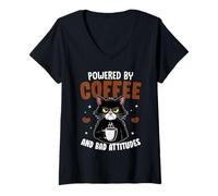 Womens Powered by Coffee and Bad Attitudes Cat Lovers V-Neck T-Shirt