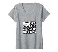 Women's Powered by Coffee and Bad Decisions Funny Caffeine Graphic V-Neck T-Shirt