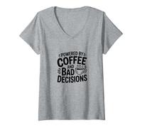 Women's Powered by Coffee and Bad Decisions Funny Caffeine Graphic V-Neck T-Shirt