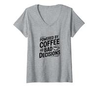 Women's Powered by Coffee and Bad Decisions Funny Caffeine Graphic V-Neck T-Shirt