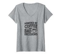 Women's Powered by Coffee and Bad Decisions Funny Caffeine Graphic V-Neck T-Shirt