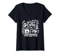Women's Powered By Coffee and Birdsong Funny Bird Watching Lover V-Neck T-Shirt