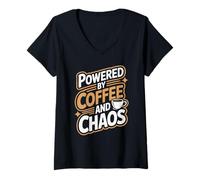 Women's Powered by Coffee and Chaos Funny Coffee Design V-Neck T-Shirt