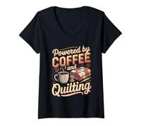 Women's Powered by Coffee and Quilting Quilter Sewing Fabric V-Neck T-Shirt