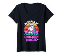 Women's Powered by Coffee and Unicorn Magic Nurse Rainbow V-Neck T-Shirt