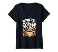Womens Powered by Coffee Caffeine Lover Espresso Beans Morning Cup V-Neck T-Shirt