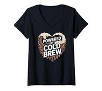 Womens Powered by Cold Brew Coffee Lovers Heart V-Neck T-Shirt