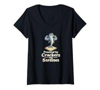 Women's Powered by Crackers and Sardines Funny Tinned Fish V-Neck T-Shirt