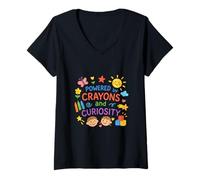 Womens Powered By Crayons And Curiosity Funny Kindergarten Kids V-Neck T-Shirt
