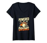 Women's Powered By Drums Cool Drummer Music Band V-Neck T-Shirt