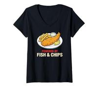 Women's Powered by Fish & Chips Funny Foodie V-Neck T-Shirt