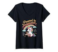 Womens Powered by Imagination Unicorn Inspiring Positive Kids V-Neck T-Shirt