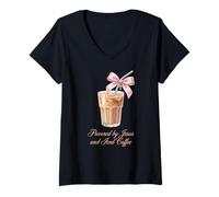 Women's Powered By Jesus and Iced Coffee Coquette Retro Christian V-Neck T-Shirt