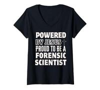 Women's Powered by Jesus Proud to be Forensic Scientist Christian V-Neck T-Shirt