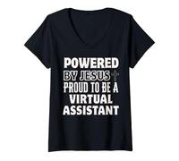 Women's Powered by Jesus Proud to be Virtual Assistant Christian V-Neck T-Shirt