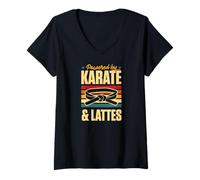 Women's Powered By Karate and Lattes Retro Vintage Coffee Love V-Neck T-Shirt