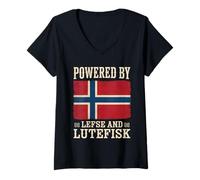 Womens Powered by Lefse and Lutefisk V-Neck T-Shirt