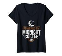 Women's Powered By Midnight Coffee Night Owl Graveyard Shifts V-Neck T-Shirt