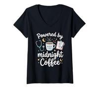 Women's Powered By Midnight Coffee Night Shift Nurse RN V-Neck T-Shirt
